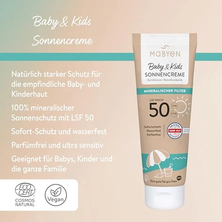 MABYEN Sonnenschutzcreme Baby & Kids, LSF 50, 100 ml, vegan, parfumfrei, wasserfest, für empfindliche Haut, dermatologisch bestätigt – Bild 3