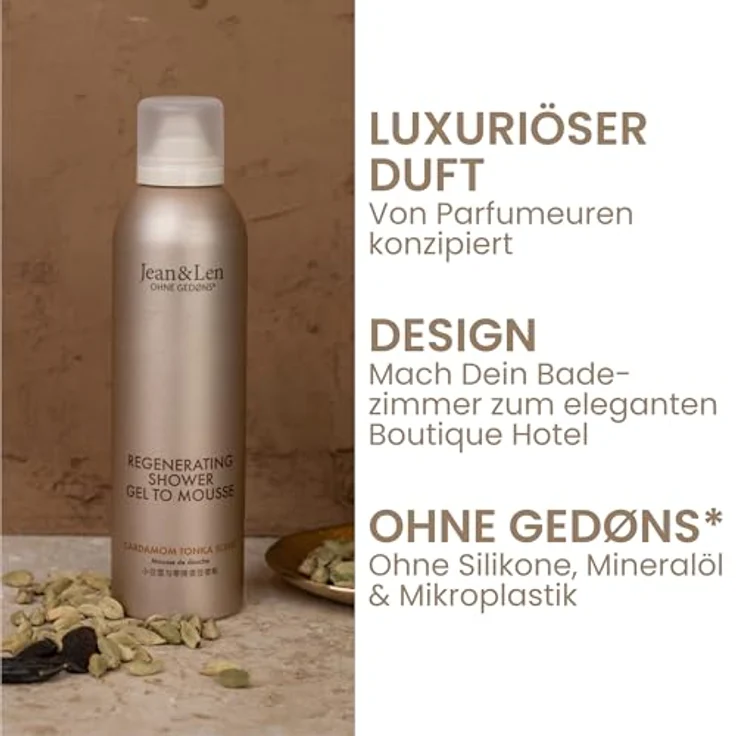 Jean & Len Regenerating Shower Gel To Mousse Cardamom & Tonka, Duschschaum mit Mandel- & Jojobaöl, vegan, 200 ml, ohne Parabene & Silikone, für normale Haut – Bild 2