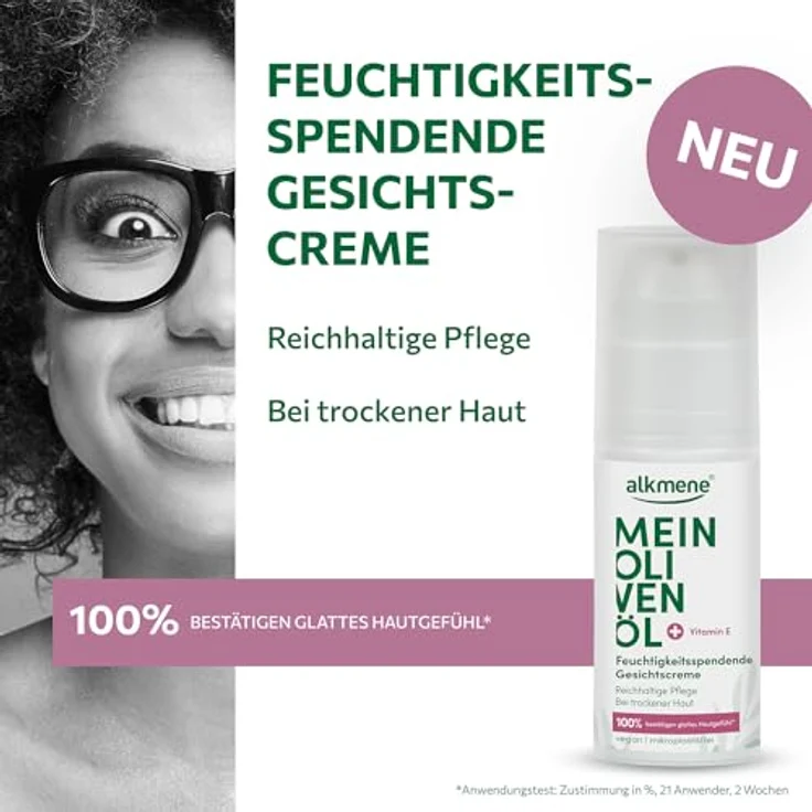 Alkmene Gesichtscreme für trockene Haut, 50 ml - Feuchtigkeitscreme mit Olivenöl & Vitamin E, vegan, dermatologisch getestet, ohne Mikroplastik – Bild 2