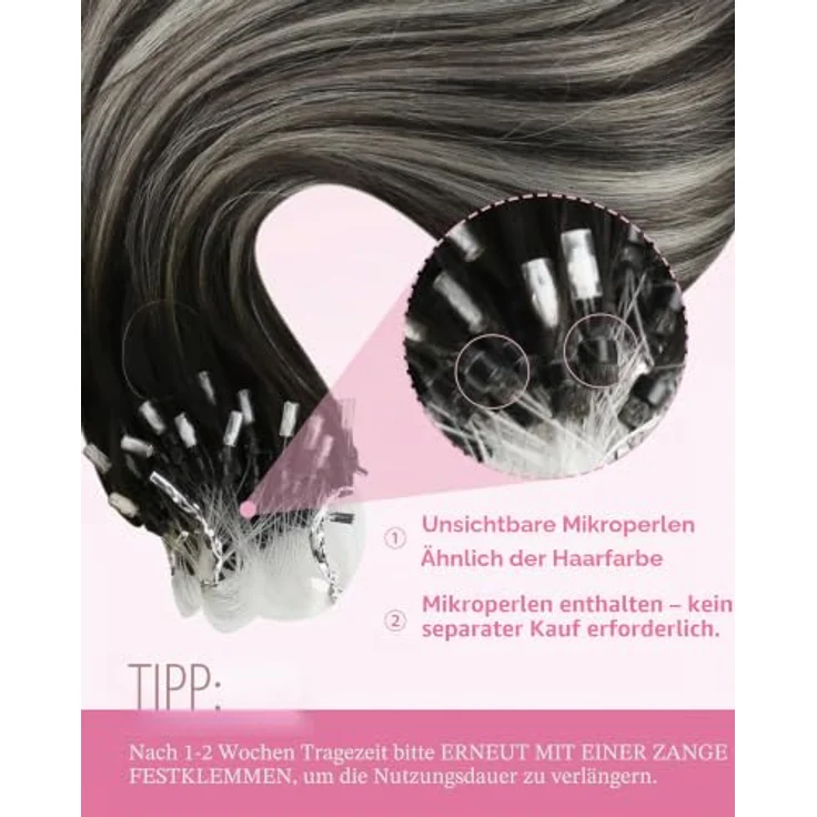 YoungSee Microring Extensions Echthaar Silber 55 cm, Micro Loop Extensions Ombre, Remy Echthaar, 50g, unsichtbare Kaltfusions-Extensions für Damen – Bild 4