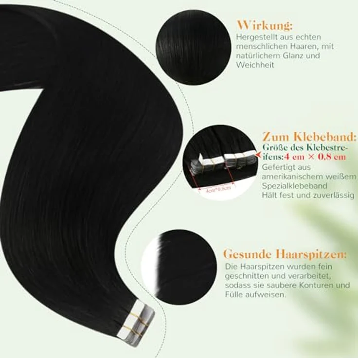 Easyouth Tape Echthaar Extensions, Remy Menschenhaar #1, Schwarz, 35cm, 40g, unsichtbarer Look, leichtes Tragen, inkl. 20 Tapes – Bild 4