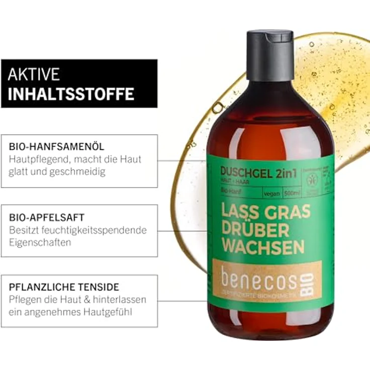 benecos Hanf Duschgel 2in1 für Haut und Haar, 500 ml mit Bio-Hanfsamenöl und Bio-Apfelsaft, dermatologisch getestet – Bild 3