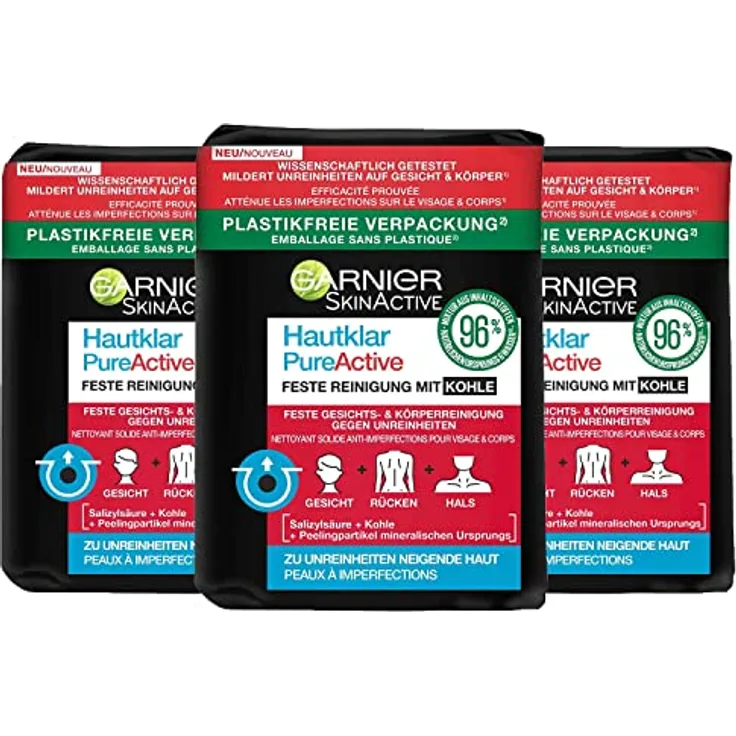 Garnier Hautklar PureActive Feste Reinigung Mit Kohle je 100g Gesicht Körper, 1 Packung, 96% natürliche Inhaltsstoffe