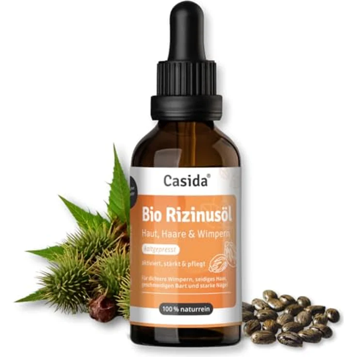 Casida Bio Rizinusöl 50ml - 100% Rein, Kaltgepresst, Für Wimpern, Augenbrauen, Haare, Bart, Nägel - Vegan, Glasflasche mit Pumpe – Bild 1