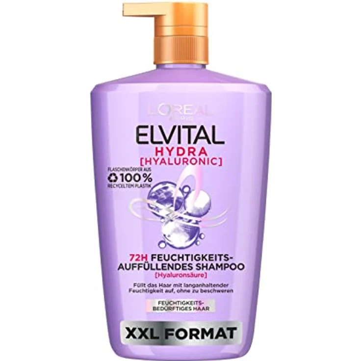 L'Oréal Paris Elvital feuchtigkeitsspendendes XXL Shampoo für glänzendes und gesundes Haar, Mit Hyaluron für einen Feuchtigkeitsboost, Hydra Hyaluronic, 1000 ml – Bild 1