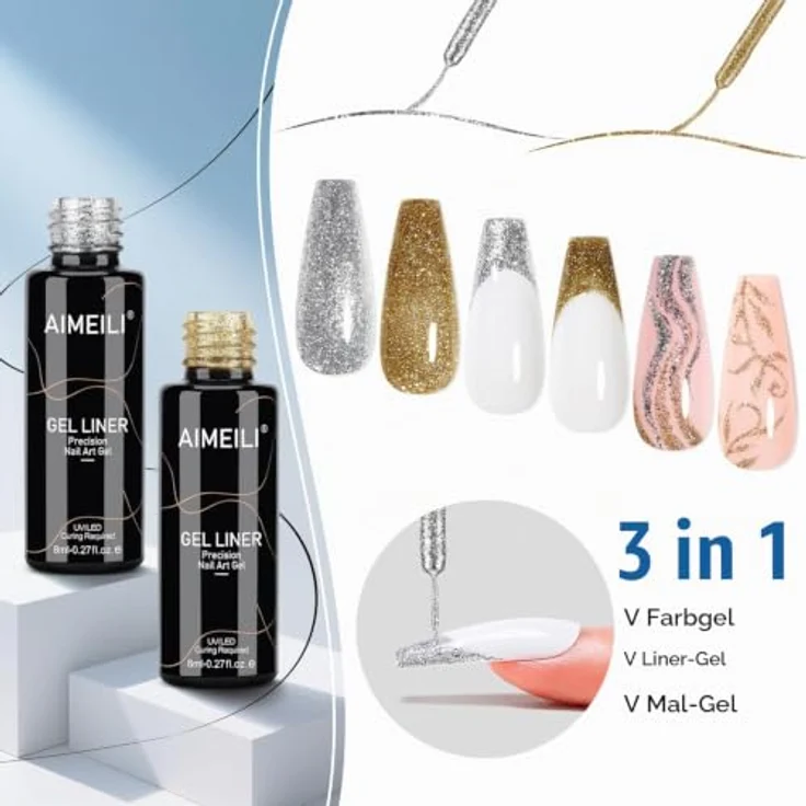 AIMEILI Gel Liner Nail Art Set, 2PCS Silber Gold 8ml Glitter für UV/LED, feiner Pinsel für DIY Nageldesigns – Bild 2