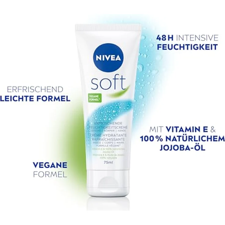 NIVEA Soft Erfrischende Feuchtigkeitscreme, leichte Creme mit Vitamin E und 100% natürlichem Jojoba-Öl, schnell einziehende Hautcreme für intensive Feuchtigkeit (75 ml) – Bild 3