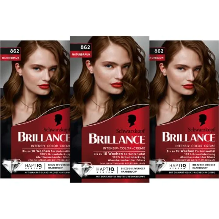 Brillance Intensiv-Color-Creme 862 Naturbraun Stufe 3 (3 x 160 ml), dauerhafte Haarfarbe mit Diamant-Glanz-Effekt & Pflege-Conditioner, 10 Wochen Farbintensität
