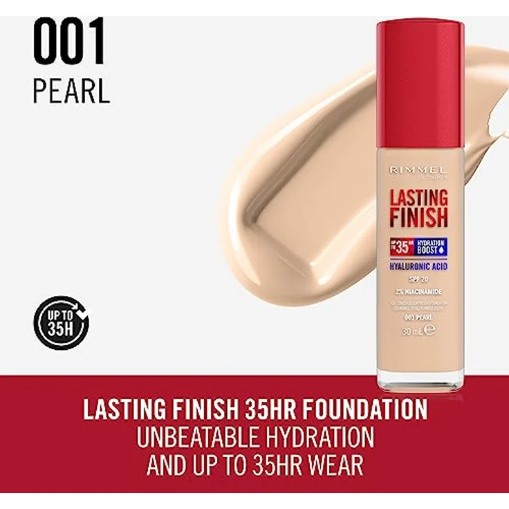 Rimmel London Lasting Finish 35 Hour 001 Pearl Foundation, langanhaltend, feuchtigkeitsspendend, vegane Formel, vollständige Abdeckung, 30 ml – Bild 2