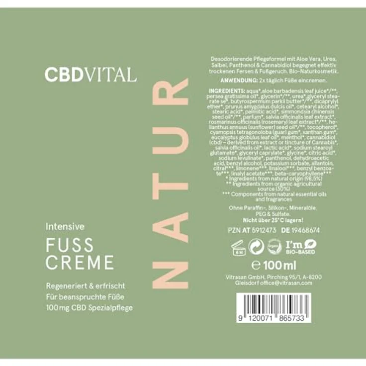 CBDVITAL CBD Fußcreme für trockene & beanspruchte Füße, mit Cannabidiol, Aloe Vera, Urea, Salbei, Rosmarin, 100 ml Bio-Naturkosmetik – Bild 2