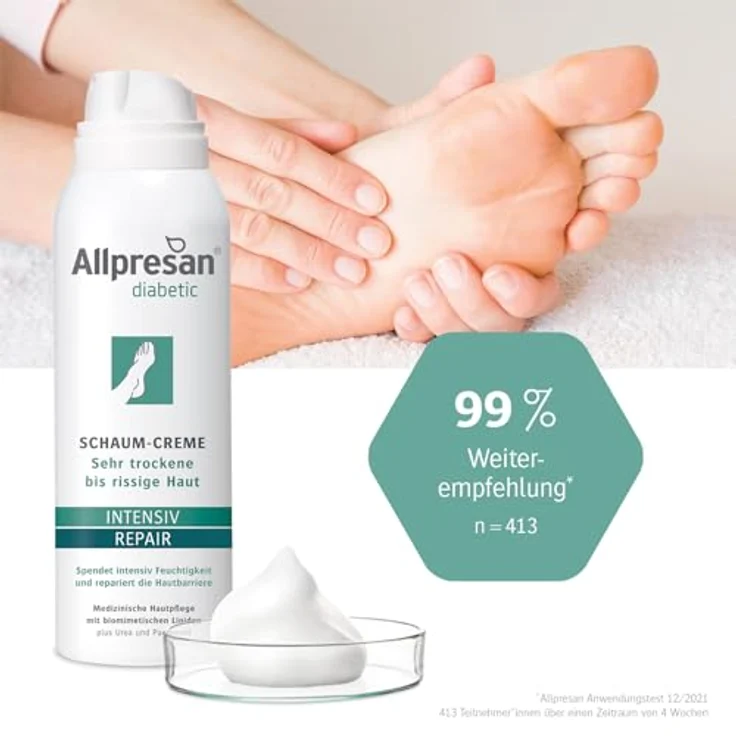 Allpresan diabetic INTENSIV + REPAIR mit Urea Schaum-Creme - bei Diabetes mellitus - für sehr trockene bis rissige Fußhaut - 125ml, pflegende Schaum-Creme zur intensive Feuchtigkeitsversorgung – Bild 5