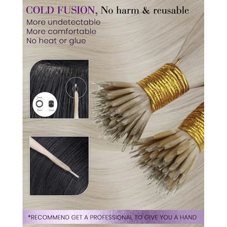 LaaVoo Nanoring Extensions Echthaar Platinblond, 35cm, 50g, 50 Strähnen, natürliche Haarverlängerung ohne Hitze – Bild 3