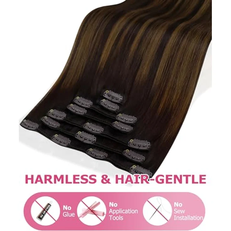 YoungSee Echthaar Extensions Clip Ombre 45cm, Dunkelbraun Balayage Mittelbraun, 120g Remy Clip-in Haarextension für Damen, Hitzebeständig, Schnelle Montage – Bild 4