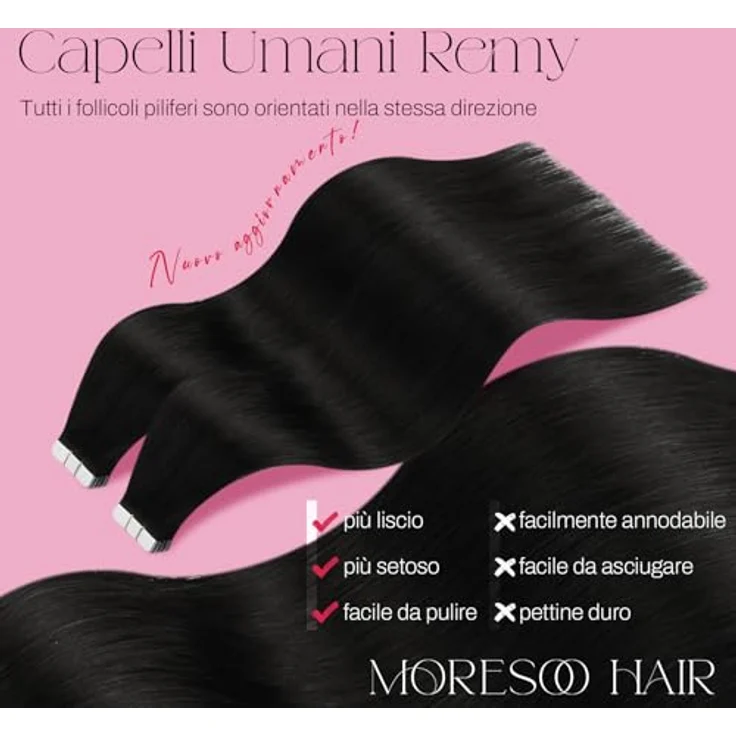 Moresoo Tape Extensions Echthaar Schwarz, Nahtlose Remy Haarverlängerungen, 35 cm, Seidenglatt, 20 Stück, 40g, #1B 14 Zoll – Bild 2