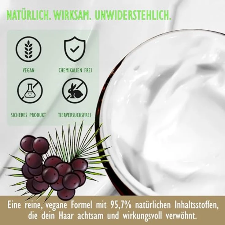P-Beauty Naturkosmetik Haarmaske mit Acai Öl, 250ml - Intensive Haarkur für Repair & Regeneration, Bio & Vegan, Farbschutz & Anti Aging Pflege für trockenes, coloriertes Haar - 3er Pack (750ml) – Bild 5