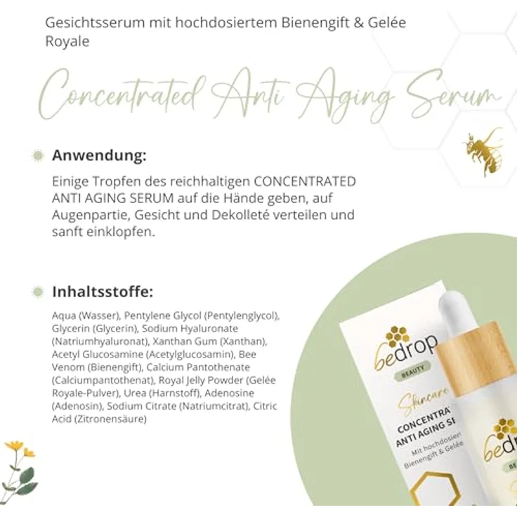 bedrop Concentrated Anti Aging Serum mit straffendem Bienengift, Gelée Royal, Hyaluron & Acetylglucosamin hochdosiert - Reine Imker Qualität - Augenpflege, natürliche Hautpflege aus dem Bienenstock - 30ml – Bild 5