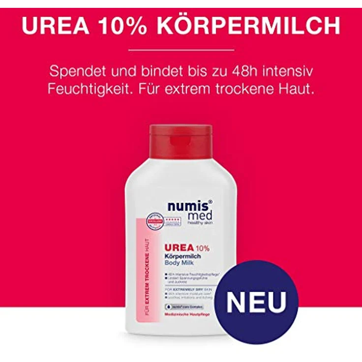 numis med Körpermilch mit 10% Urea - Hautberuhigende Bodylotion für extrem trockene, zu Juckreiz neigende Haut - vegane Hautpflege ohne Silikone, Parabene & Mineralöl - Lotion (1x 300 ml) – Bild 4