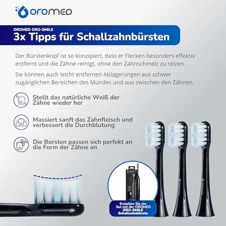 Oromed Bürstenköpfe 3 Stück, Ersatzköpfe für ORO-SMILE Navy Blue, effektive Plaque-Entfernung und sanfte Zahnfleischmassage, natürliche Zahnaufhellung – Bild 2