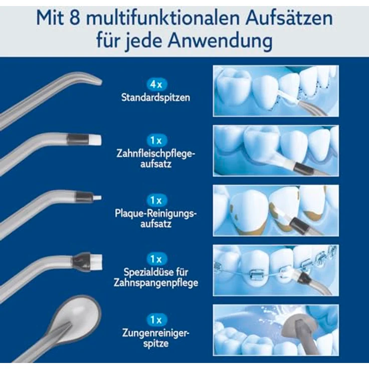 VITALmaxx Munddusche, elektrische Zahndusche mit 8 Aufsätzen und 320 ml Wassertank, kabellos mit Timer & 3 Modi zur effektiven Mundspülung, Water Flosser & Zungenreiniger in 1 – Bild 4
