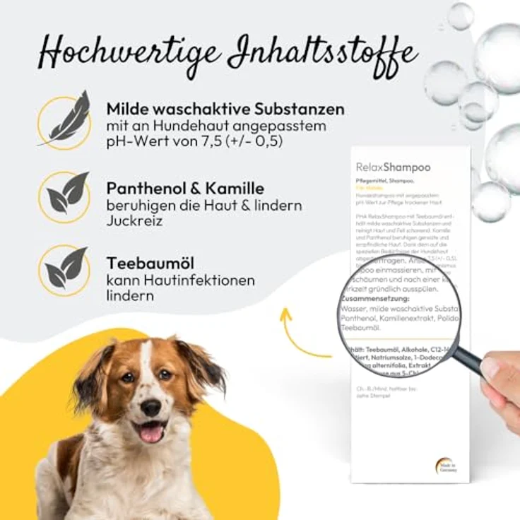 PHA Relax Shampoo Hund, 250 ml, für glänzendes Fell, hautfreundlich mit Kamille, leichte Kämmbarkeit, pH 7,5 – Bild 3