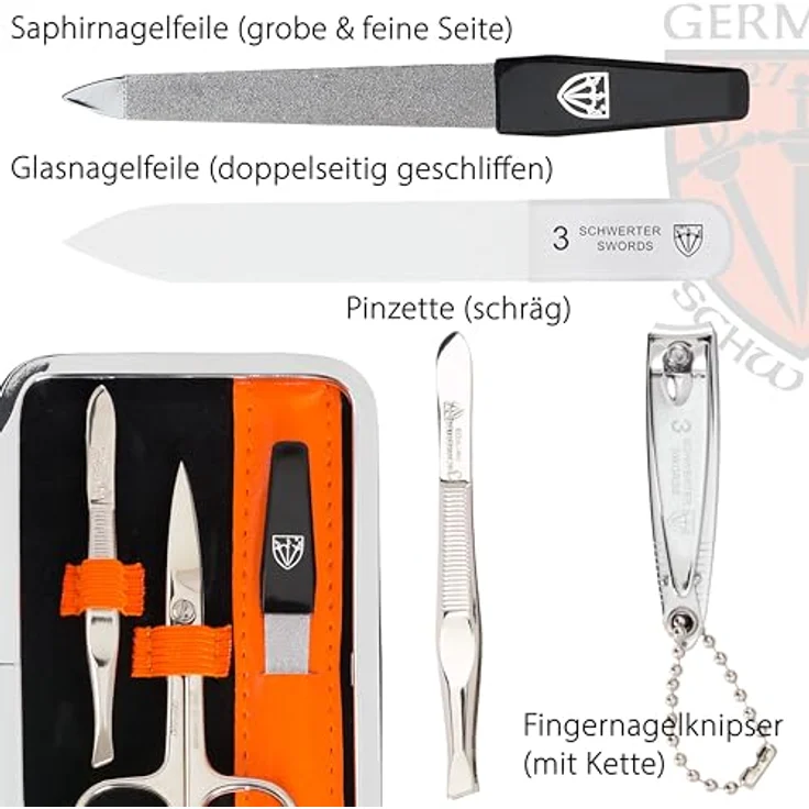 DREI SCHWERTER Maniküreset 'Genova', 6-teiliges Nagelset im orangefarbenen Kunstlederetui, inkl. Nagelschere, Hautschere, Nagelknipser, Glas- und Saphirnagelfeile, Pinzette – Bild 3