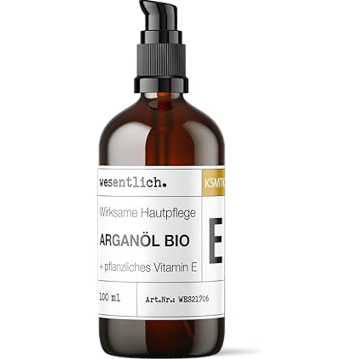 wesentlich. BIO Arganöl mit Vitamin E, kaltgepresst, 100ml | Haut-, Haar- & Anti-Aging-Pflege | Glasflasche mit Pumpspender