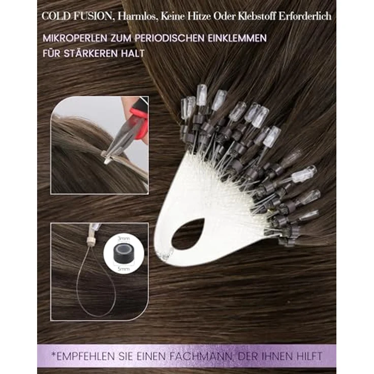 LaaVoo Microring Extensions Echthaar Dunkelbraun 45cm, 50g, wiederverwendbar, hitzestylingfähig, unsichtbare Mikroperlen – Bild 3