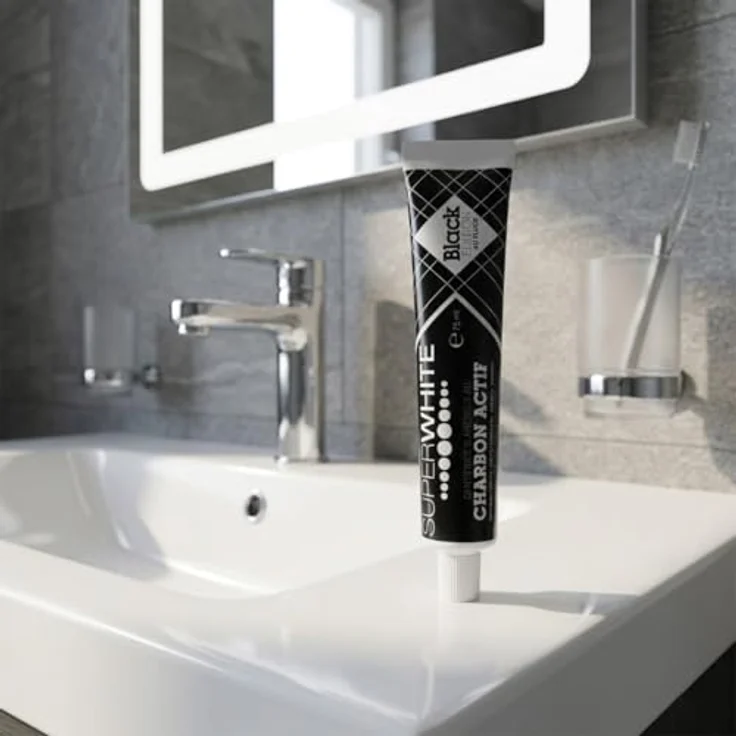 SUPERWHITE Aktivkohle Zahnpasta Black Edition, Aufhellend & Frisch mit Pfefferminz-Geschmack, fluoridiert, 75ml – Bild 4