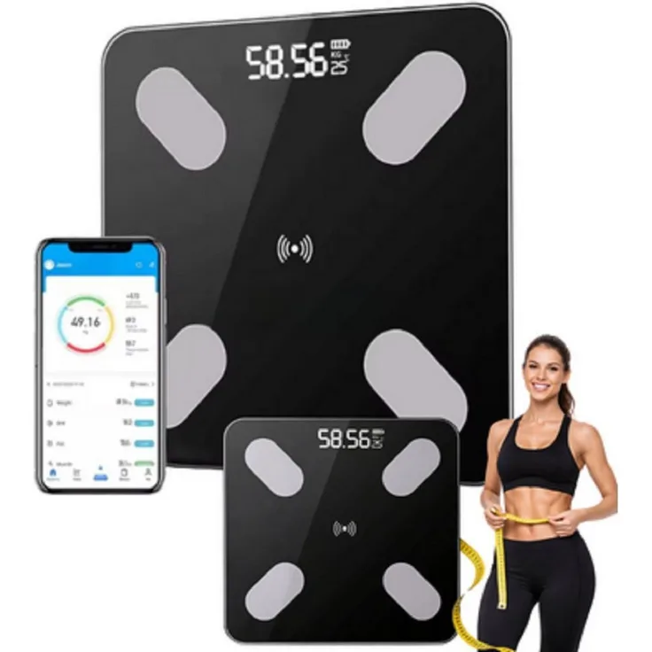 R2 Invest Digitale Personenwaage bis 180 kg, Smart-App & Sicherheitsglas, Schwarz