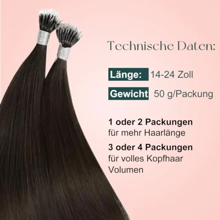 Easyouth Nano Keratin Haarverlängerung, 50 cm, 50 Strähnen, 50 g, Dunkelstes Braun, vorgeklebt, unsichtbare Nano Tips – Bild 5
