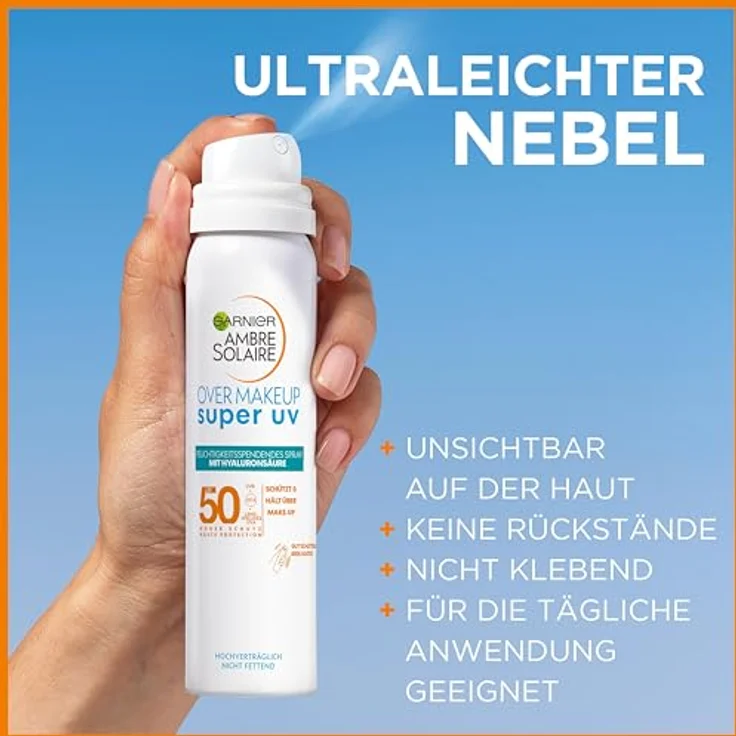 Garnier Super UV Over Make-up Spray mit LSF 50, Schutz für das Gesicht gegen UV-Strahlen und äußere Umwelteinflüsse, Mit feuchtigkeitsspendender Hyaluronsäure, Ambre Solaire, 1 x 75 ml – Bild 2