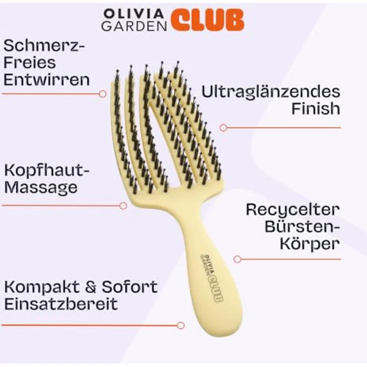 Olivia Garden Club THE NOMAD Detangling & Shine Fingerbrush, gelbe Detangler-Bürste mit ionisierten Nylon- und Wildschweinborsten, ergonomischem Griff und integrierter Abteilspitze – Bild 5