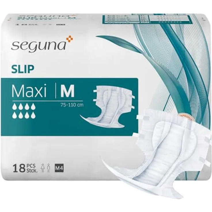 Seguna Slip Maxi, Inkontinenz Windeln für Erwachsene, Frauen, Männer, bei schwerer Blasenschwäche, Stuhlinkontinenz, 3.900 ml Saugleistung, M (Beutel 18 Stück)