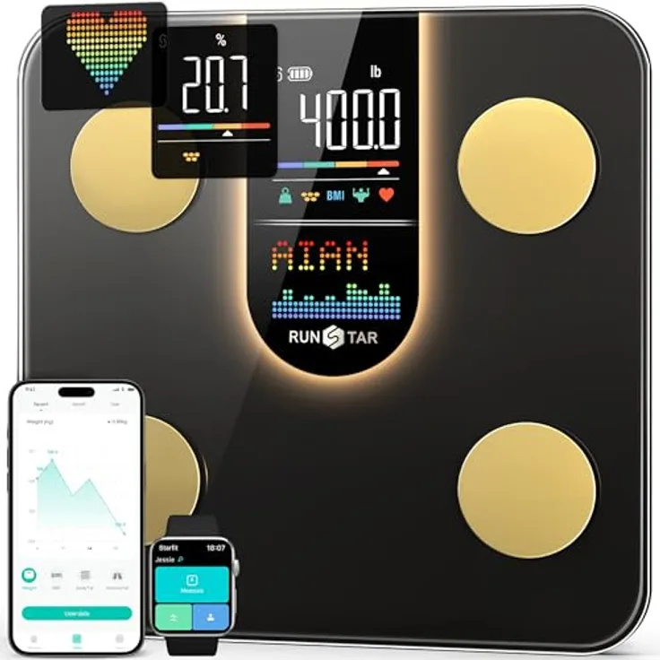 RunSTAR Körperfettwaage, Digitale Personenwaage mit 8-in-1 VA-Display, Analyse von 22 Körperparametern, App-Synchronisierung, präzise Gesundheitswerte