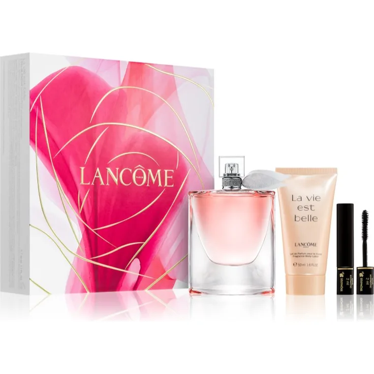Lancôme La Vie Est Belle Geschenkset für Damen, 50 ml Eau de Parfum, 50 ml Bodylotion & 2 ml Hypnôse Mascara, luxuriöse Verpackung