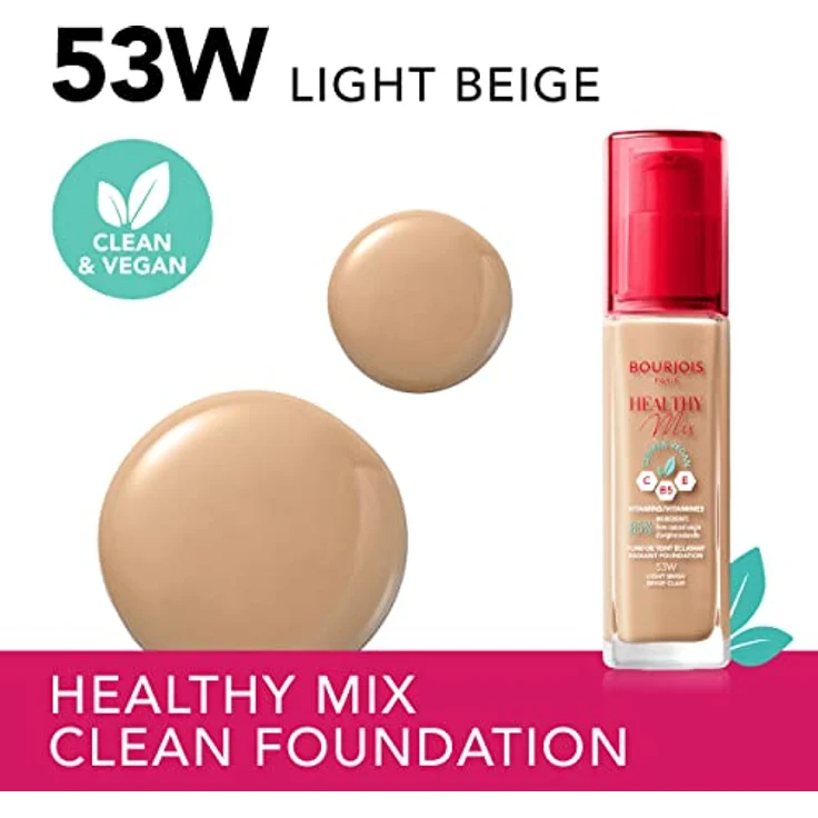 Bourjois Healthy Mix Foundation, aufhellendes, feuchtigkeitsspendendes Make-up 24 Std., Farbton 53W Light Beige, 30 ml – Bild 2