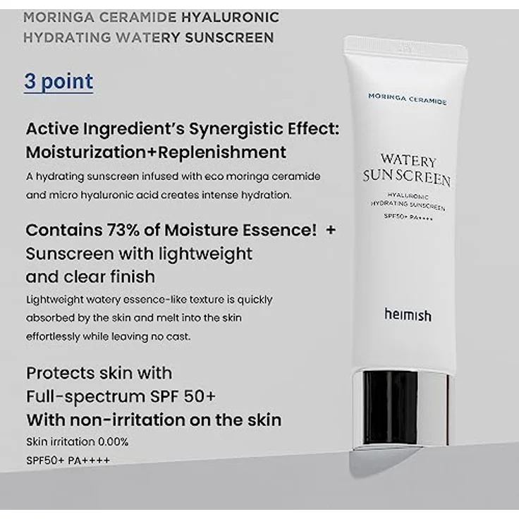 HEIMISH Moringa Ceramide Hyaluronic Acid Hydrating Watery Sunscreen SPF 50+ PA++++, 50ml - Leichte, feuchtigkeitsspendende Sonnencreme für trockene Haut – Bild 3