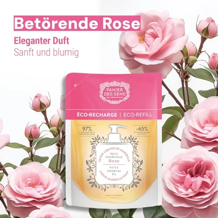 Panier des Sens Marseiller Flüssige Handseife Nachfüller Rosenseife, 97% natürliche Inhaltsstoffe, feuchtigkeitsspendend mit Kokosnussöl, 2x500 ml – Bild 2
