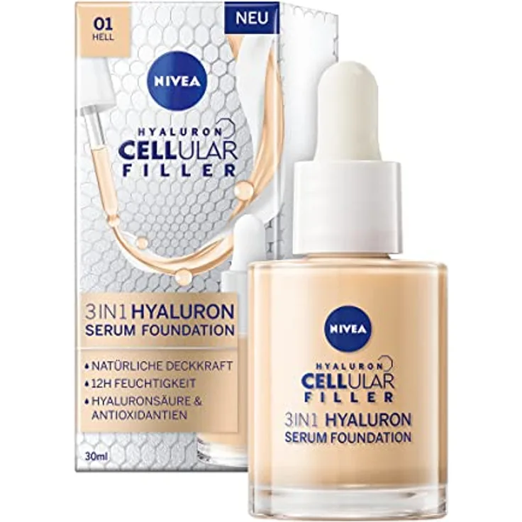 NIVEA 3in1 Hyaluron Serum Foundation hell (30 ml), Anti-Age Foundation mit Serum für eine jünger aussehende Haut, feuchtigkeitsspendende Foundation mit Hyaluron