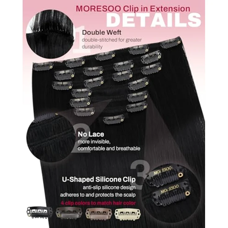 Moresoo Clip in Extensions Echthaar, 60 cm, 7 Stück, 120g, seidiges Remy-Haar, atmungsaktiv, für Volumen und Länge – Bild 4