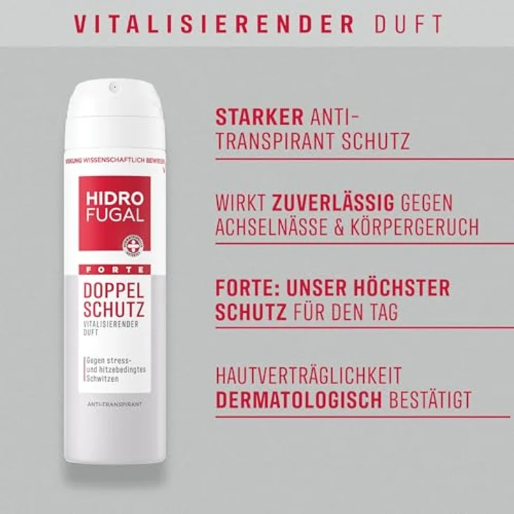 Hidrofugal FORTE DOPPEL SCHUTZ Spray, starker Antitranspirant Schutz gegen stress- und hitzebedingtes Schwitzen, Deospray ohne Ethylalkohol mit vitalisierendem Duft, 150 ml – Bild 2
