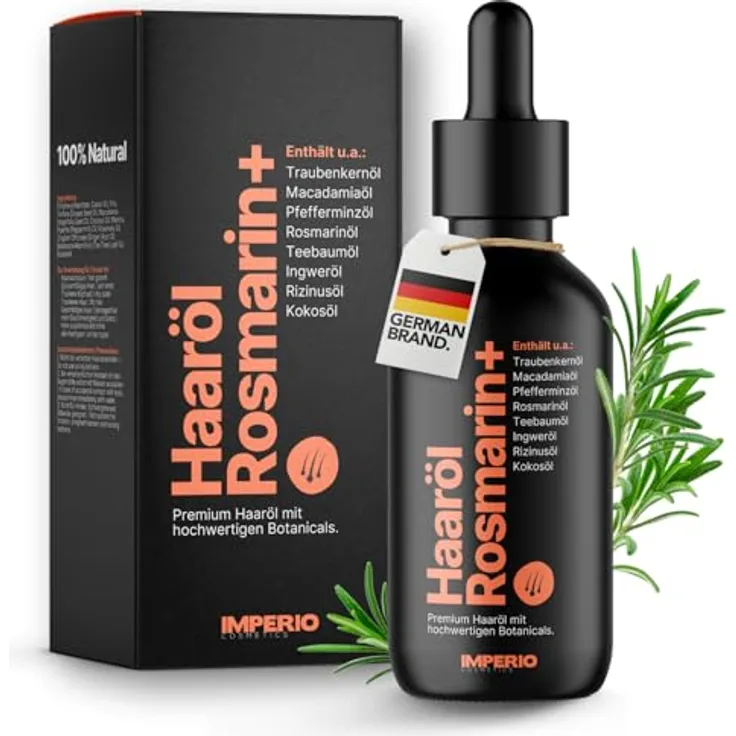 IMPERIO Haaröl Rosmarin+, 60ml - 100% natürliche Haarpflege gegen Haarausfall, mit Rosmarinöl und hochwertigen Ölen zur Anregung des Haarwachstums für Kopfhaut & Bart, ohne Zusätze