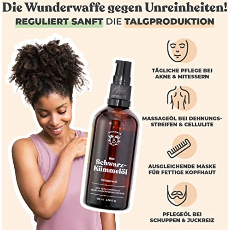 Bionoble Schwarzkümmelöl Bio 100ml - Glasflasche + Pipette + Pumpe - 100% Kaltgepresst und Ungefiltert - Gesicht, Körper, Haare - Ägyptisches Schwarzkümmel Öl - Vegan Organic Black Seed Oil – Bild 2