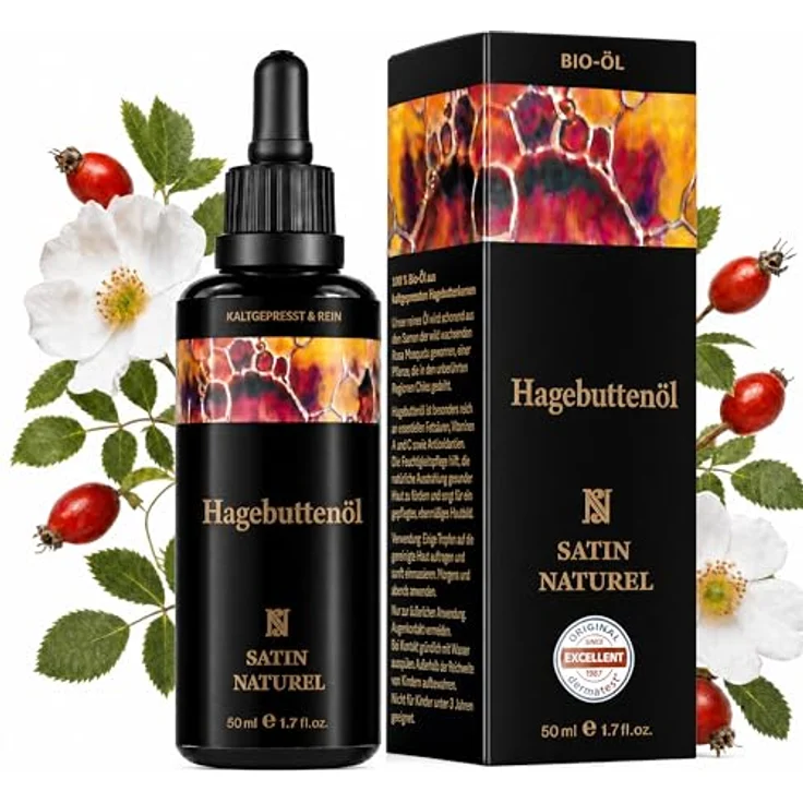 Satin Naturel Bio Hagebuttenöl 50 ml – 100% reines, kaltgepresstes Hagebuttenöl (Rosa Canina) – Gesichtsöl & Körperöl mit Anti-Falten-Wirkung für trockene Haut – Bild 1