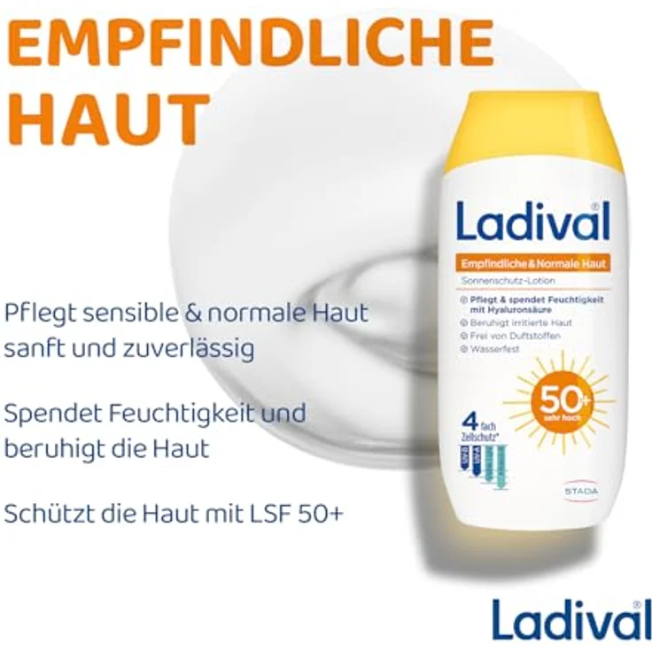 LADIVAL Sonnenschutz Lotion LSF 50, wasserfest, feuchtigkeitsspendend, 4-fach Zellschutz, 200ml für empfindliche und normale Haut – Bild 5
