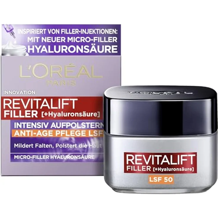L'Oréal Paris Anti Age Tagespflege LSF 50 für Frauen: hydratisiert die Haut und bekämpft Hautalterung mit 3 Arten von Hyaluronsäure und LSF 50+, Revitalift Filler, 1x 50ml – Bild 1