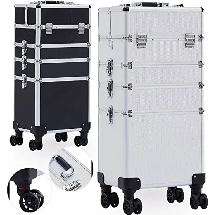 Arebos 4-in-1 Kosmetikkoffer | 4 Fächer & 1 Schublade | Teleskop- und Tragegriff | 8 Schlösser | 4X 360°-Rollen | Samtfutter | Trolley | Make-Up Koffer | Silber