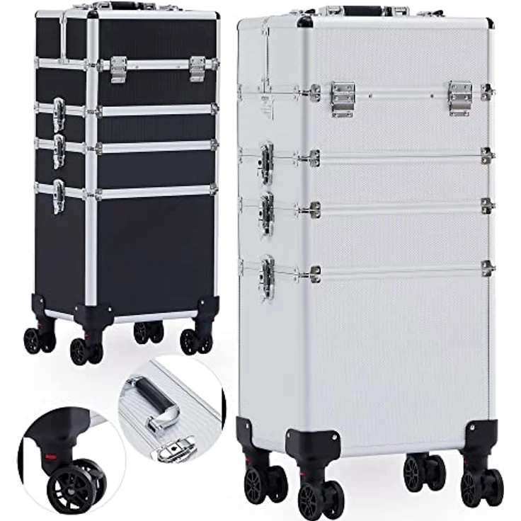Arebos 4-in-1 Kosmetikkoffer | 4 Fächer & 1 Schublade | Teleskop- und Tragegriff | 8 Schlösser | 4X 360°-Rollen | Samtfutter | Trolley | Make-Up Koffer | Silber – Bild 1