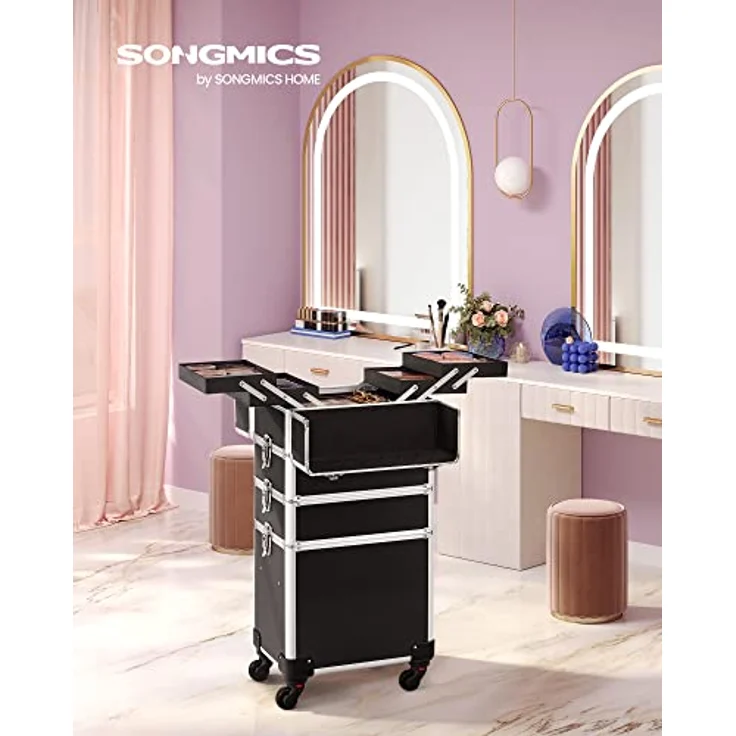 SONGMICS Kosmetikkoffer, Trolley, 4-in-1 Schminkkoffer, groß, abschließbar, 360° drehbare Rollen, für Reisen, Geschenkidee, schwarz JHZ11BK – Bild 2