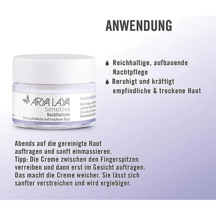 Arya Laya Sensitive Nachtbalsam, 50 ml: Regeneration über Nacht, mildert Hautrötungen & Juckreiz, entzündungshemmend, beruhigend & kräftigend, für empfindliche, irritierte & trockene Haut – Bild 3